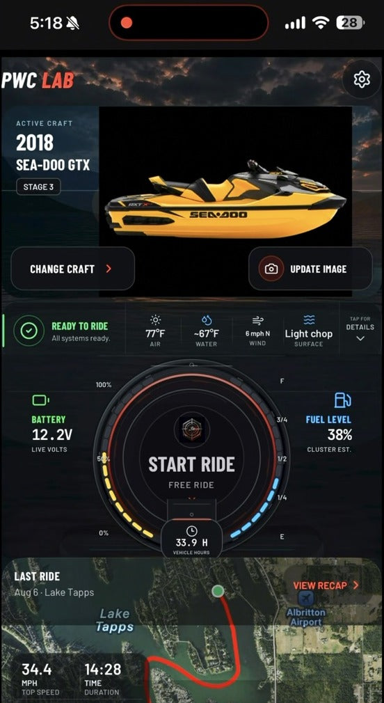 PWC Lab app post-ride recap